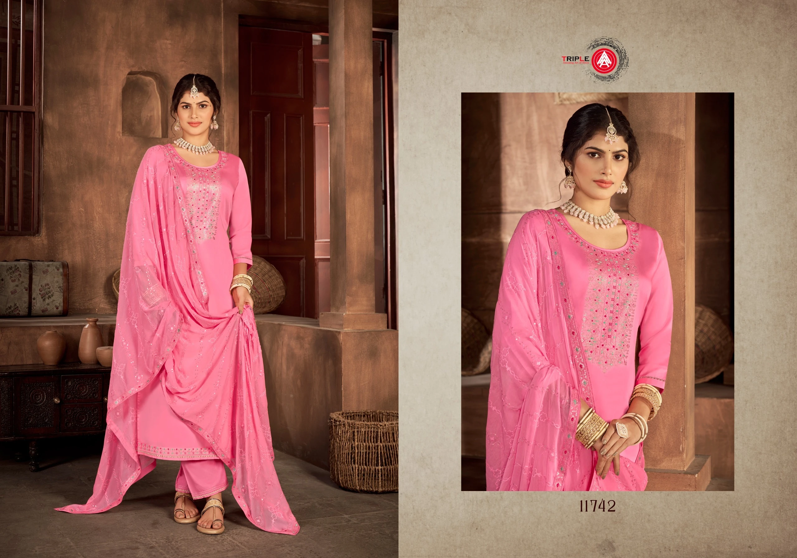 Triple Kaara Pure Jam Silk Wholesale Fancy Salwar Suit Catalog — Wholesale Salwar Suits, MPA wholesale from Surat — view 5